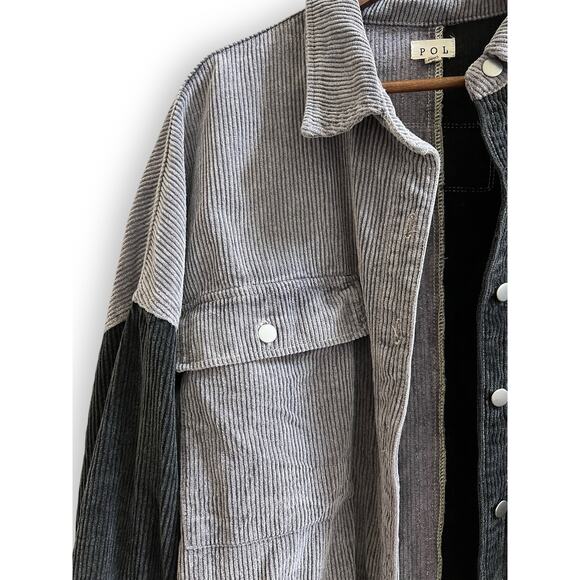 POL Corduroy Colorblock Black Gray Shacket Button Down Oversized Size Large - Picture 5 of 16